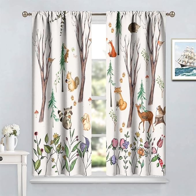 Forest Animal Kids Curtains, Watercolor Cartoon Window Treatments, Cute Animal Floral Girl Toddler Home Bedroom Living Room Drapes 84x84in