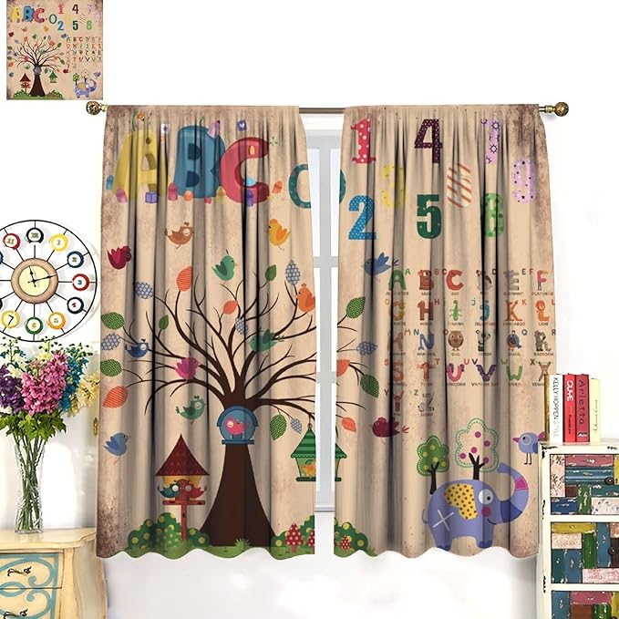 Animal Alphabet Numbers Tree Curtain Learning ABC Letters Birds Numbers Home Printed Rod Pocket Window Treatments for Bedroom Living Room Playroom Nursery 63" W X 72" L