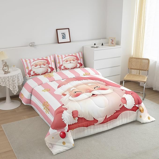 Feelyou Merry Christmas Decorations King Size Comforter Set Santa Claus Bedding Set Pink Quilt Set Soft Warm Lightweight Duvet Set