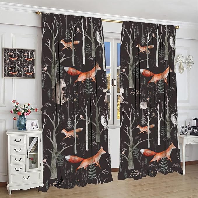 Rustic Forest Curtain, Woodland Country Hunting Animal Deer Fox Wildlife Bear Farmhouse Lodge Cabin Blackout Rod Pocket Windows Door Curtain for Bedroom Living Room Home Decor 52x84in