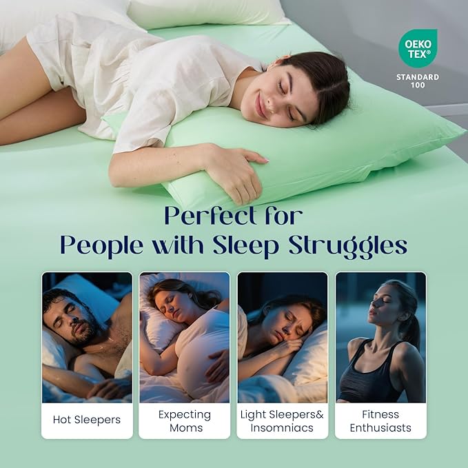 Dream Valley® Queen Sheet Set, Cooling Fitted Sheet with 2 Pillowcase-3 PCS with No Flat Sheet,Q-Max > 0.4 Aerocool, Cooling for Night Sweats, Hot Sleepers,deep Pocket up to 15",Mint Macaron