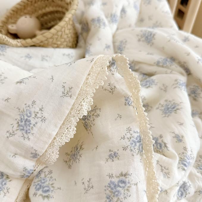 BuLuTu Blue Flower Freesia Toddler Girls Boys Quilts 100% Cotton Muslin Toddler Bed Blankets Soft Lightweight Children Comforter for Standard Crib Cot, 47x59 Inches