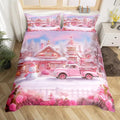 Manfei Christmas Duvet Cover Set King Size, Winter Snowman Truck Flower Bedding Set for Kids Girls Room Decor, New Year Pink Comforter Cover, Soft Polyester Quilt Cover, 2 Pillowcases, No Comforter