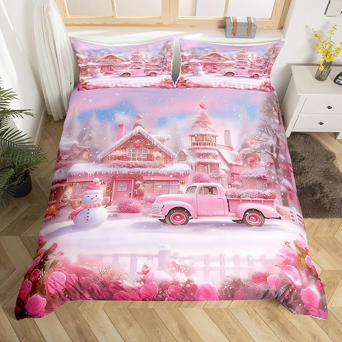 Manfei Christmas Duvet Cover Set Twin Size, Winter Snowman Truck Flower Bedding Set for Kids Girls Room Decor, New Year Pink Comforter Cover, Soft Polyester Quilt Cover, 1 Pillowcase, No Comforter