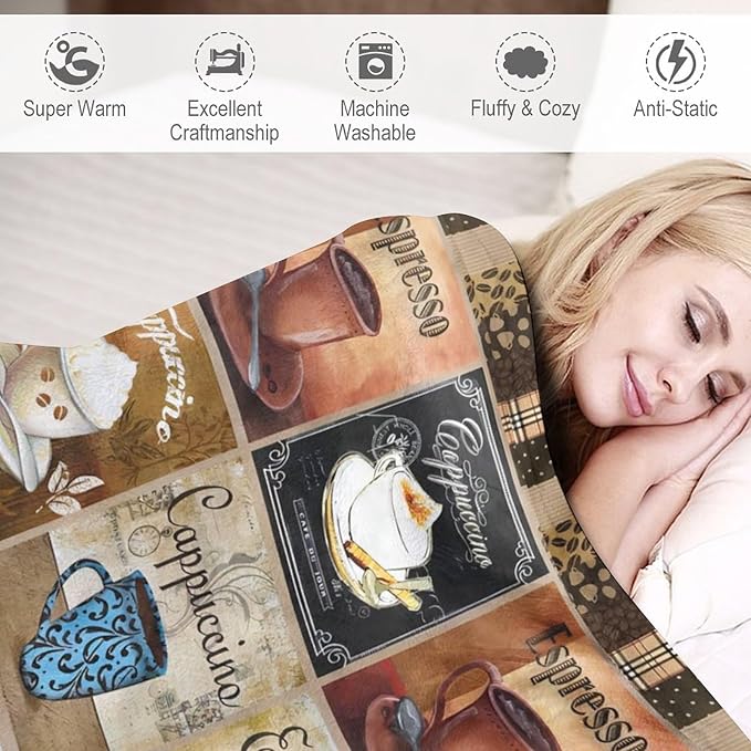 Coffee Blanket Gifts for Coffee Lovers Coffee Throw Blanket for Women Men Adults Soft Warm Cozy Fleece Blanket for Couch Sofa Bed D1 60"x80"
