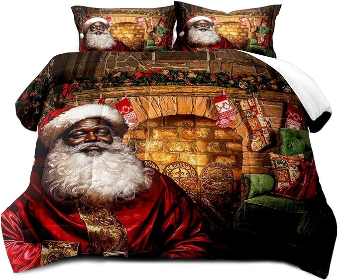 LUVIVIHOME 2PCS Christmas Comforter Set - Twin Size, Funny Black Santa Claus Bedding, Merry Christmas Bedroom Decor for Kids, Teens, African American Decorations, 1 Pillow Case