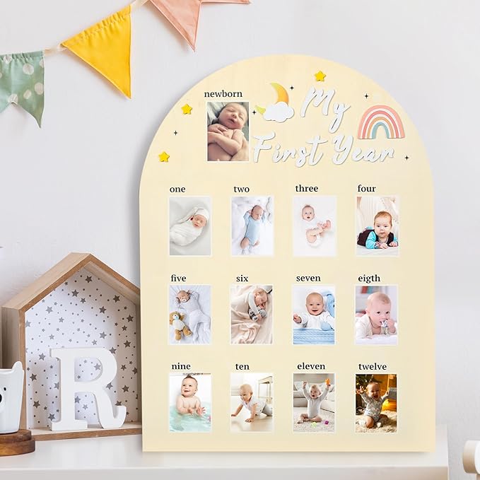 My First Year Photo Board - LIKEYO Wooden Photo Board Display My First Year Milestone Picture Frame, One Year Of Baby Photo Board, 12 Months Neutral Baby Keepsake Board, First Birthday Gifts Nursery Decor