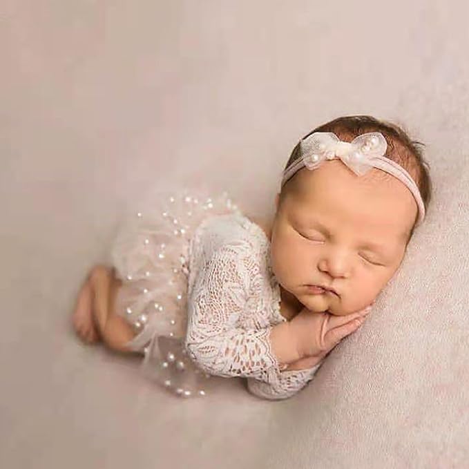 Newborn Lace Romper, 2 PCS Baby Girl Photography Props, Newborn Girl Photography Outfits with Flower Headband for Infants