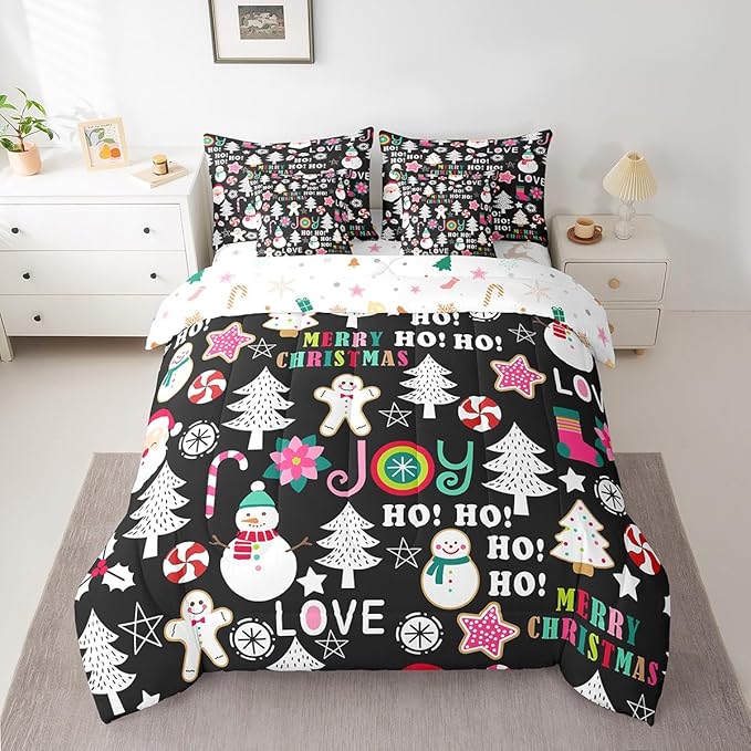 Christmas Kids Bedding Set Cartoon Snowman Gingerbread Man Comforter Set with Sheets for Boys Girls Christmas Tree Decor Bed in a Bag Pink Xmas Theme Black Bed Set 7Pcs Queen Size