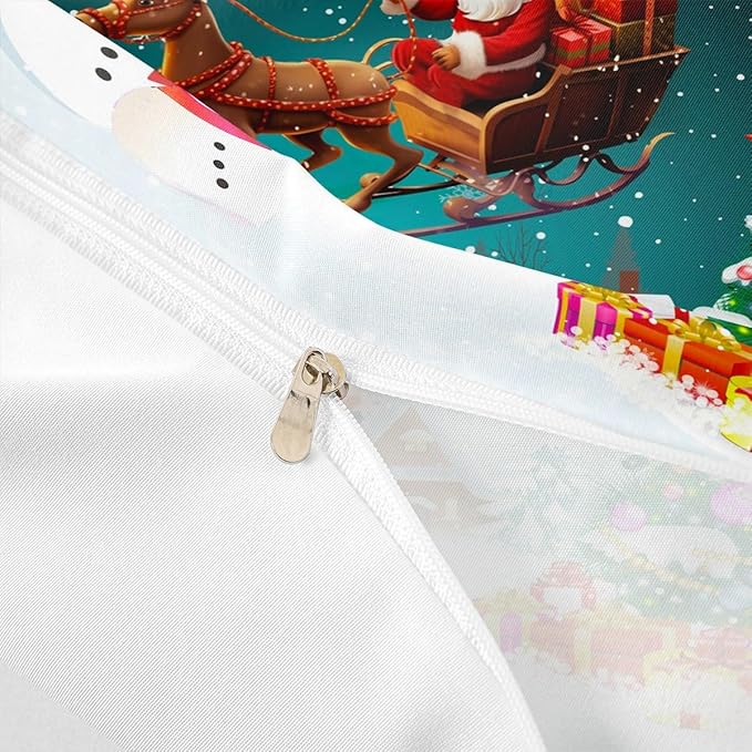 Manfei Christmas Duvet Cover Set Queen Size, Xmas Tree Snowman Bedding Set for Kids Boys Girls, Santa Claus with Reindeer Comforter Cover New Year Theme Quilt Cover with 2 Pillowcases, No Comforter