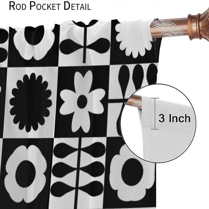 Mid Century Geometric Floral Curtains,Vintage 70s Window Treatments for Boys Girls Kids Bedroom Curtains,Boho Black and White Floral Curtains 42"" W X 63"" L, Style-10