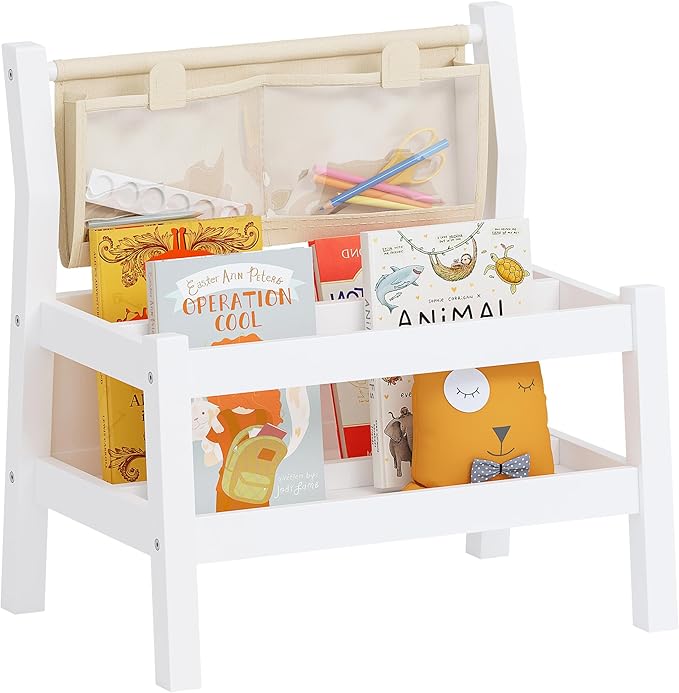 Spirich Montessori Kids Bookshelf, Floor Book Shelf for Kids Rooms, Toddler Book Caddy with Clear Pouch,Baby Book Display, Children Bookcase for Classroom Nursery, White