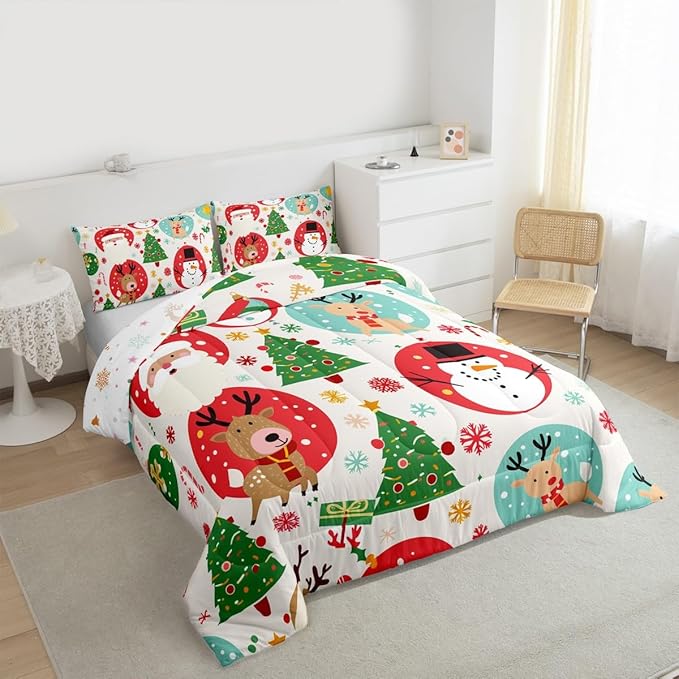 Feelyou Christmas Bedding Set Soft for Boys Girls, Santa Snowman Comforter Set Queen Size Deer Xmas Tree Duvet Quilt Microfiber Snowflake Bedroom Decor 3 Pcs with 2 Pillow Cases