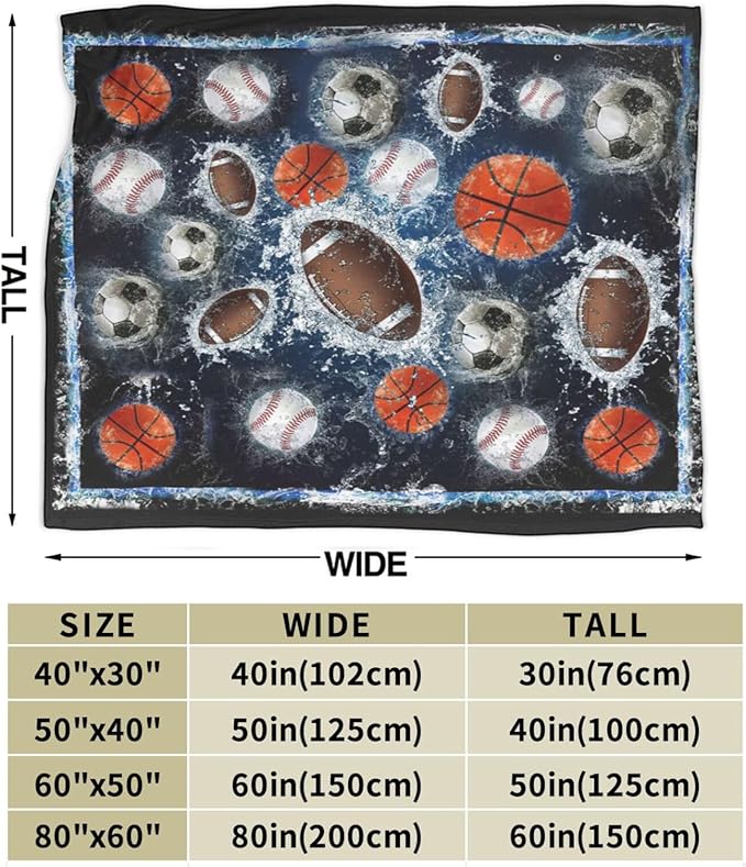 Sports Balls Blanket for Girls Boys Fans Basketball Baseball Football Soccer Throw Blankets Soft Cozy Warm Fuzzy Fleece Bedding Flannel Throws Stuff Gifts Kids Men Women Bedroom Decor 50"x40"