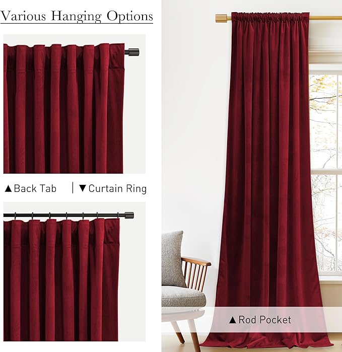 StangH Red Velvet Curtains 96 inches Long for Living Room, Christmas Decor Back Tab Thermal Insulated Privacy Protect Drapes for Bedroom Home Theater, W52 x L96, 2 Panels