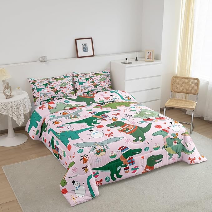 Feelyou Christmas Pink Comforter Set King Size for Kids Boys Girls Cartoon Xmas Dinosaur Bedding Set Snowman New Year Decorations Bedroom Quilt Set