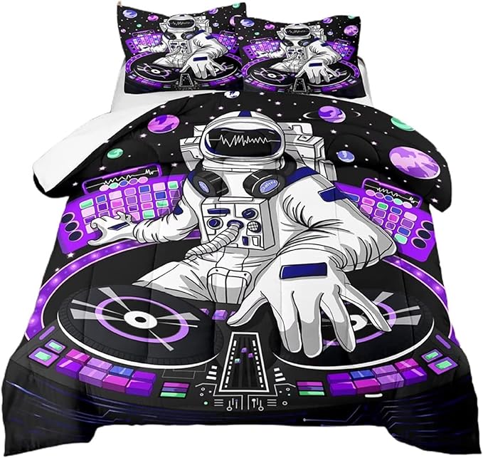 kxry Space Astronaut Galaxy Comforter Sets Queen Size Outer Space Themed Bedroom Decor Bedding Sets Black and Purple Bedding Quilt for Kids Teen Girls 1 Comforter+ 2 Pillowcases