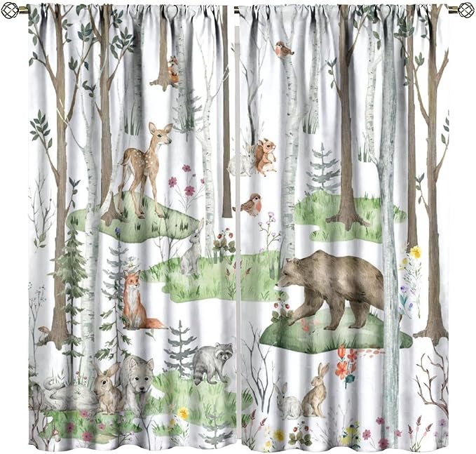YCness Woodland Animals Curtains, Wild Animals Watercolor Forest Bear Deer Fox Rabbit Floral Nature Window Treatments for Bedroom Kitchen Nursery Living Room Drapes, 42x54 Inch