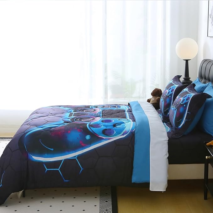 Wajade Game Console Comforter Set for Boys 7 Piece Blue 3D Gaming Geometric Bedding Sets for Kids Full Size as Birthday with Comforter, Sheet Set, Pillowcase and Sham