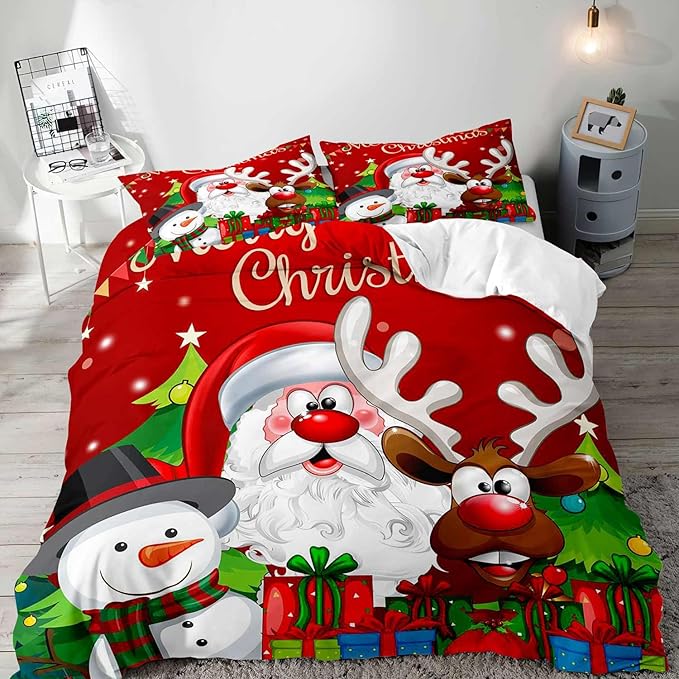 LUVIVIHOME 2PCS Red Christmas Duvet Cover Twin Bedding Sets, Boys Girls Kids Bedding, Santa Claus Snowman Reindeer Holiday New Year Xmas Gifts Christmas Comforter Bedspread Quilt Cover, 1 Pillow Case