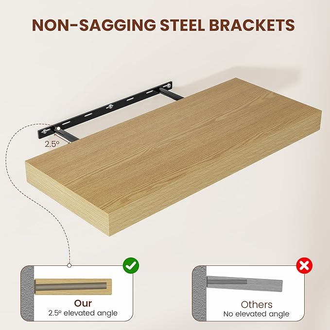Vivelove 12 Inch Deep Floating Shelves 24 inch Long, 24 x 12 Wide Wall Shelves with Invisible Brackets, Shelf for Bedroom Bathroom Living Room Kitchen Office Home Decor, Modern Shelf Set of 2, Oak