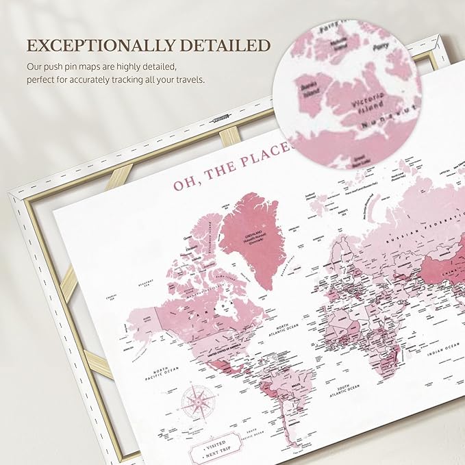 ElephantStock - Places You'll Go Push Pin World Map Wall Art - Horizontal Canvas Wall Art - Living Room Wall Decor - Digital Art Map Canvas Art - White And Pink Decor - 45" x 30"