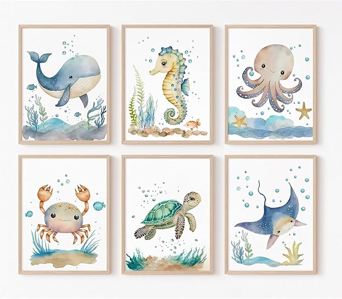 Wodkwq Nursery Wall Art Sea Animal Canvas Prints Baby Girl Boy Room Decor Watercolor Paintings Pictures Cute Ocean Theme Toddler Room Decoration Set of 6 for Kids Bedroom Bathroom 12x16in Unframed