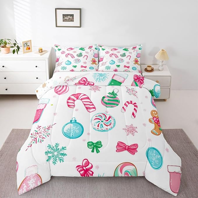 Feelyou Candy Cane Comforter Set Full Size Christmas Ornament Bedding Set for Kids Boys Girls Snowflake Duvet Quilt Festive Bow Bedroom Decor Christmas Stocking Microfiber 3 Pcs with 2 Pillow Cases