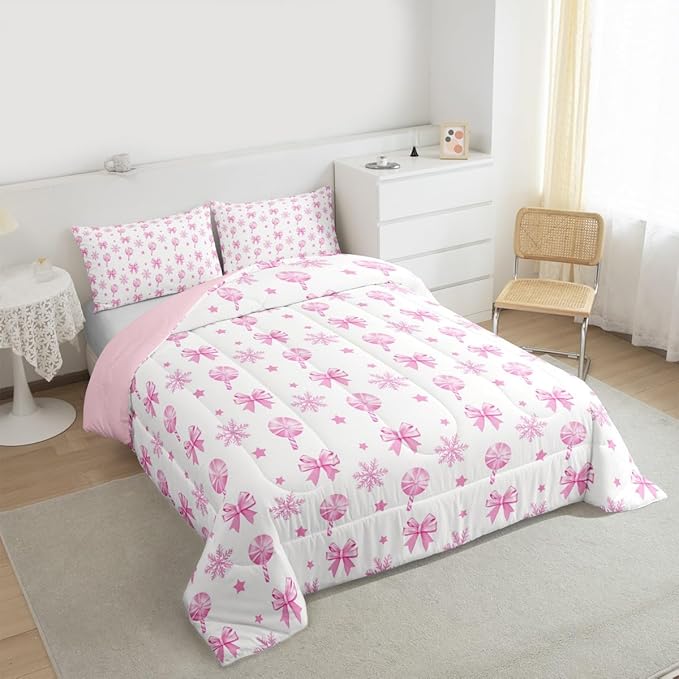 Feelyou Pink Christmas Bedding Set Soft for Boys Girls, Bow Candy Comforter Set Queen Size Star Snowflake Duvet Quilt Microfiber Bedroom Decor 3 Pcs with 2 Pillow Cases