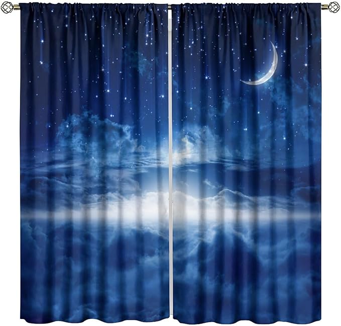 Star Night Sky Blackout Curtains, Moon Foggy Clouds Landscape Theme Print Window Drapes for Kids Girls Bedroom Living Room 84" W X 84" L