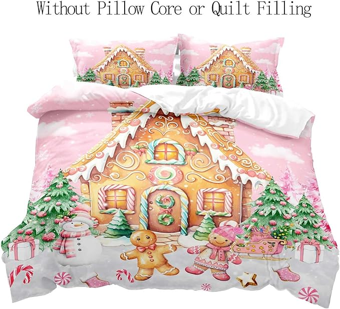 LUVIVIHOME 3PCS Pink Gingerbread House Duvet Cover Full Bedding Set, Teen Girl Bedding, Gingerbread Man Snowman Christmas Tree Candy Cane Winter Holiday Kids Christmas Comforter Cover, 2 Pillow Cases