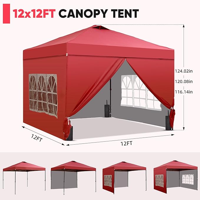 GDY 12x12 Pop Up Canopy Tent with 4 Sidewalls, Easy Set up with One Push Lift Outdoor Silver Coated Beach Gazebos, Carpas for Pool, Events, Parties, and Camping, Red.