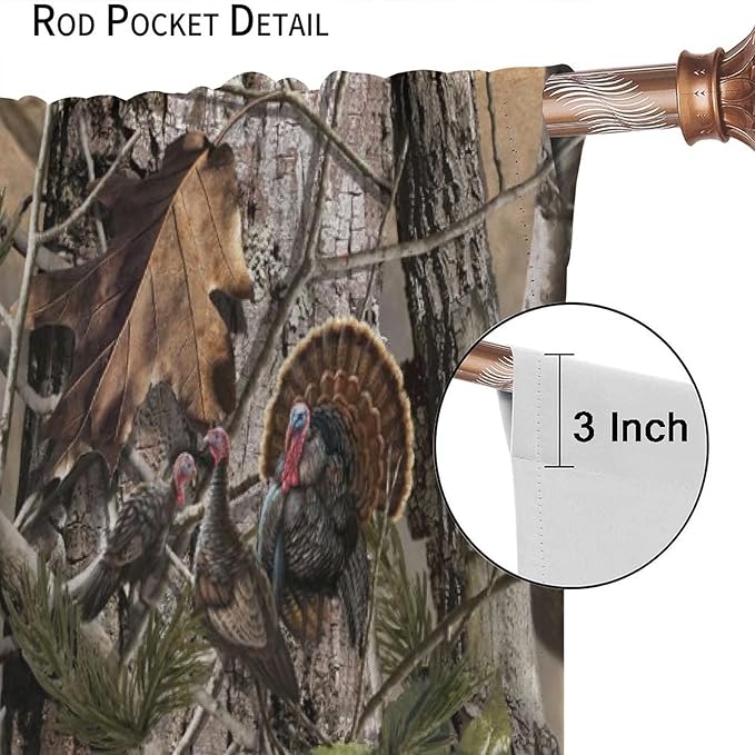 Retro Forest Window Curtains, Camouflage Hunting Tree Camo Rustic Deer Elk Bird Bear Blackout Rod Pocket Windows Door Curtain for Bedroom Living Room Home Decor 55x63in