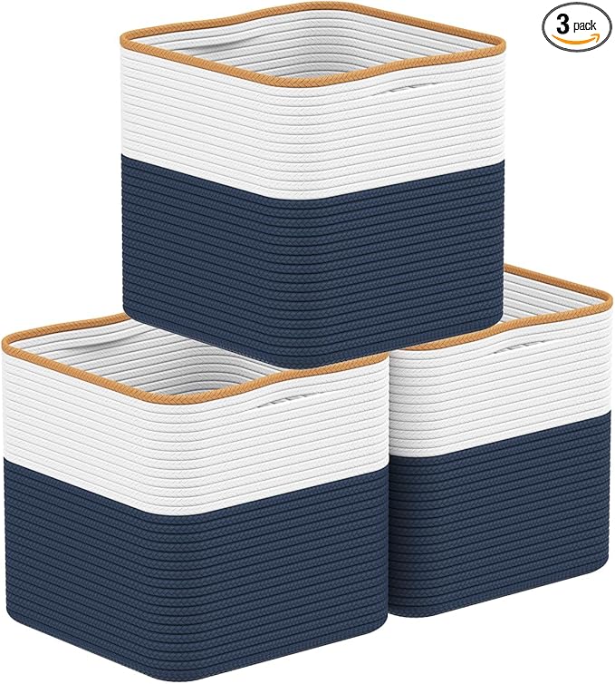 Storage Cotton Cubes 11 Inch, Woven Cotton Rope Storage Baskets for Toys Blanket Organizing, Storage Bins Decorative Organizer with Handles for Living Room Laundry Room Closet (3 Pack, Blue)