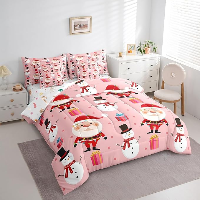 Feelyou Christmas Bed in a Bag Merry Christmas Snowman Comforter Set with Sheets for Kids Boys Girls Decor Santa Claus Bed Set Kawaii Pink Bedding Set Bedroom Collection Queen Size