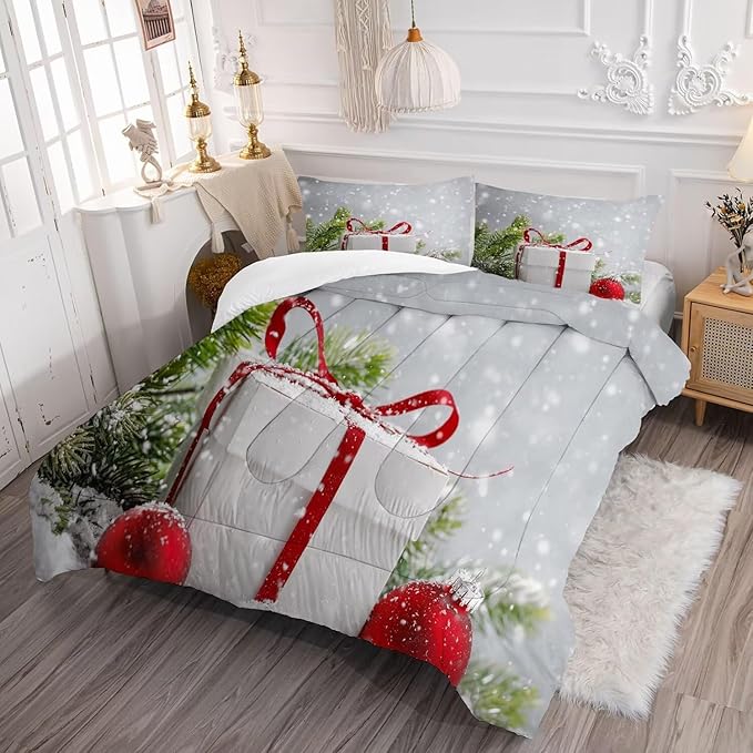 kxry Christmas Comforter Set Snow Scene Evergreen Bough Bedding King Size for Girls Boys Kids Gift Box Red Balls Quilt Duvet 1 Comforter + 2 Pillow Cases