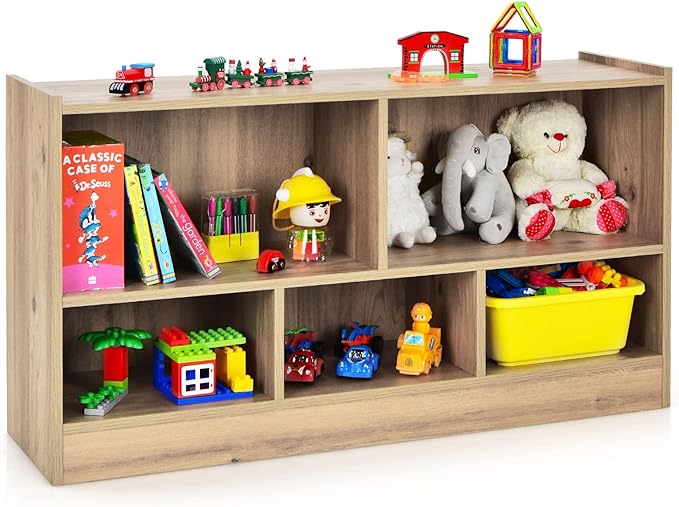 Costzon Toy Storage Organizer for Kids, 5-Section School Classroom Storage for Organizing Books Toys, Wooden Kids Bookshelf Daycare Furniture for Preschool, Playroom, Nursery, Kindergarten (Natural)