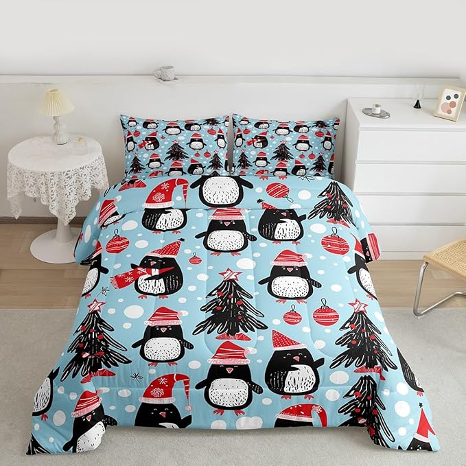 Feelyou Christmas Comforter Set All Season Penguin Bedding Set with 2 Pillow Cases Xmas Tree Microfiber Kids Full Bedclothes Christmas Balls Bedroom Decor Duvet Quilt Breathable Soft Lightweight