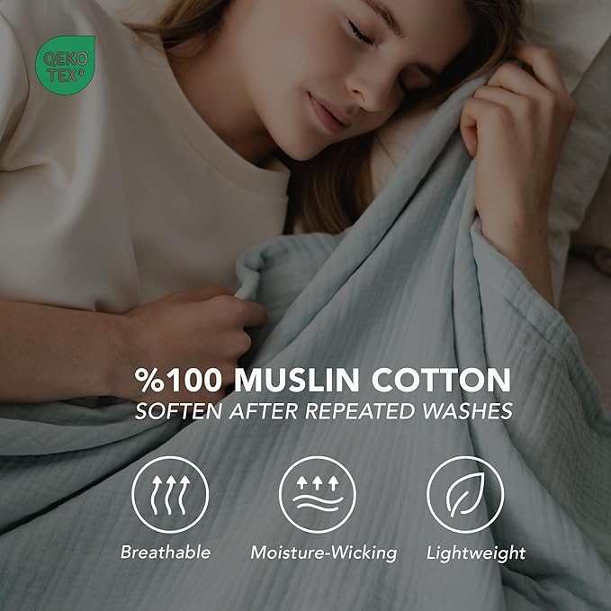 Goqan Muslin Blanket Twin 55x79 – 100% Cotton 4 Layer Boho Muslin Blanket for Adults, Lightweight, Soft, Breathable, for Bed, Couch - Sage Green