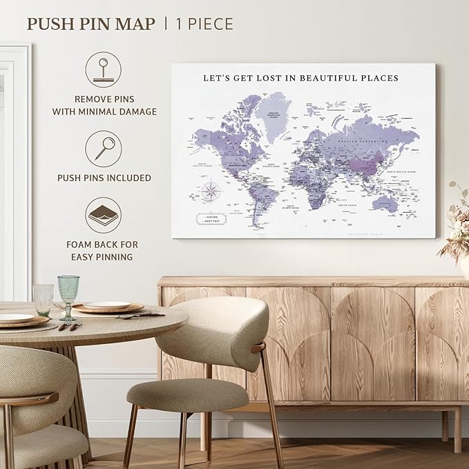 ElephantStock - Beautiful Places II Push Pin World Map Wall Art - Horizontal Canvas Wall Art - Living Room Wall Decor - Digital Art Map Canvas Art - White And Black Decor - 36" x 24"