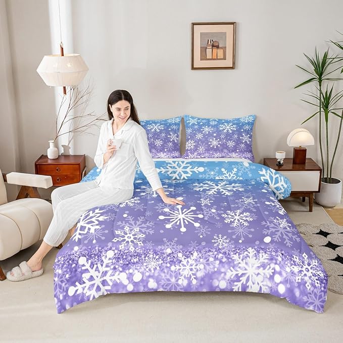 Feelyou Blue and Purple Snowflake Bedding Set Soft for Boys Girls, Winter Snowflake Comforter Set Queen Size Christmas Duvet Quilt Microfiber Holiday New Year Bedroom Decor 3 Pcs with 2 Pillow Cases
