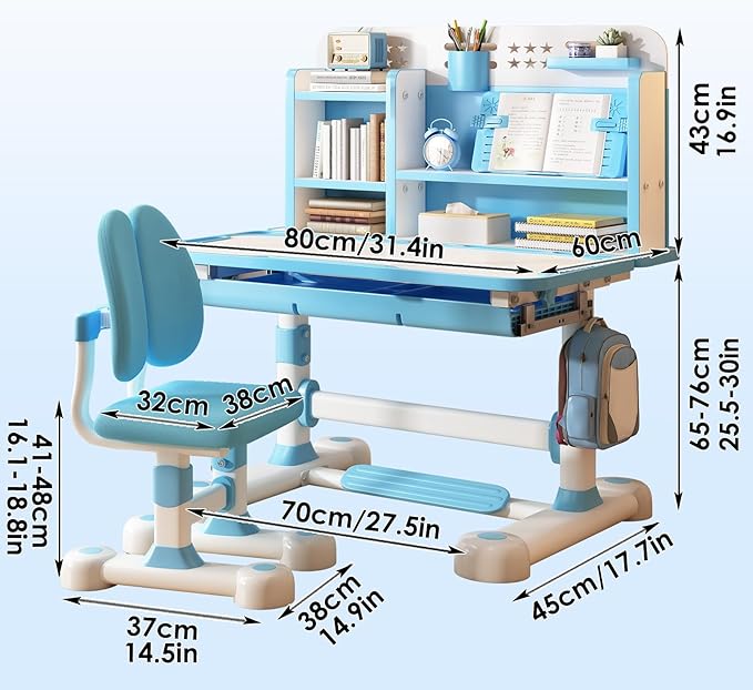Upgraded Kids Desk and Chair Set,50 Degree Tiltable&Height Adjustable Ergonomic Study Table with Posture Corrector & Dual Back Support, 3-18 Years Adjustable Children's Desk Set with Storage Blue