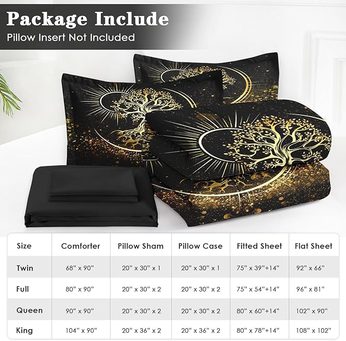 7 Pcs Full Size Comforter Set with 2 Pillowcases & 2 Shams, Black Sun and Moon Bedding for Kids and Adults, Nature Tree of Life Bed in a Bag with Flat Fitted Sheet