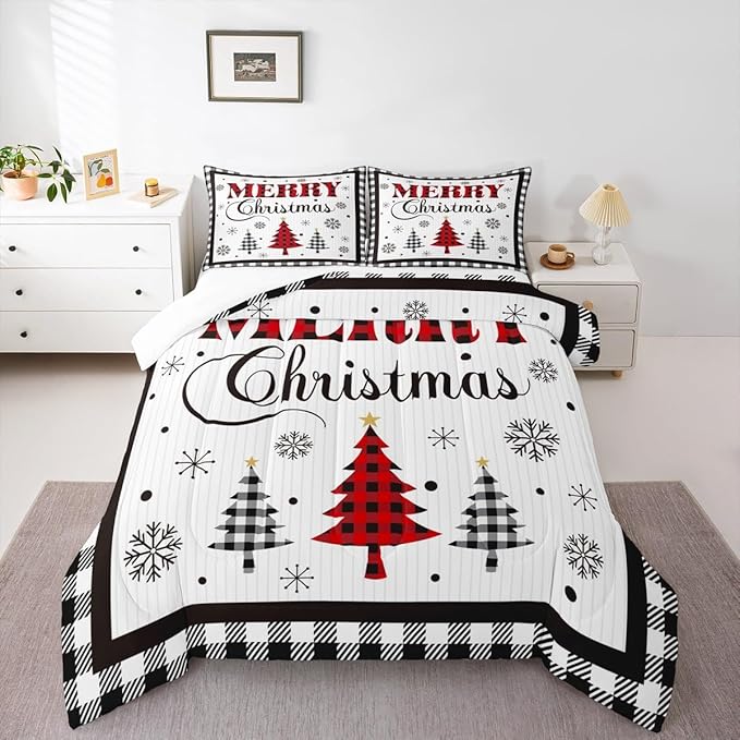 Merry Christmas New Year Kids Comforter Set Full Size,Snowflake Pine Trees Bedding,Girls Boys Adults Bedroom/Xmas Cabin Decor,Grids Geometric Fashion Down Comforter,Rustic Duvet Insert,2 Pillowcases