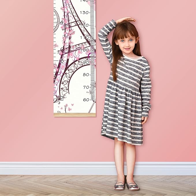 Personalized Kids Name Growth Chart Ruler for Wall Wood Frame Height Measure Chart 13.4x56 in Linen Hanging Height Growth Chart Paris Eiffel Tower Pink Retro Kids Room Decor