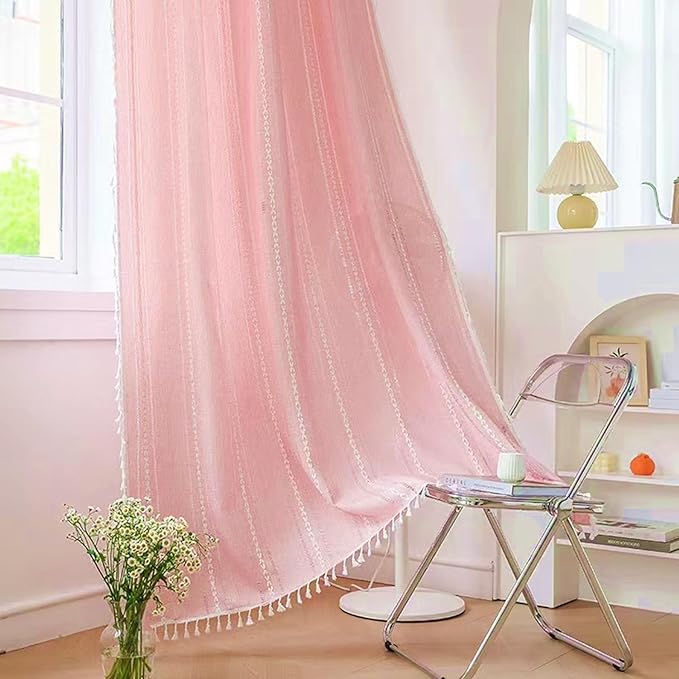 Deeprove Blush Pink Boho Curtains 108 inches Length for Girls Nursery Bedroom, Home Decor Privacy, Bohemian Semi-Blackout Window Treatment Tassel Drape 108 inches Long (1 Panel, W52 x L108)