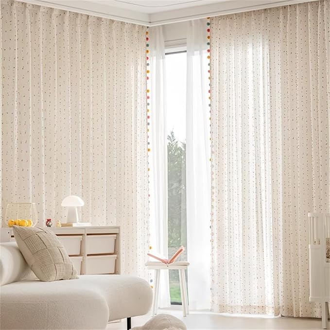 Boho Rainbow Sheer Curtain with Colorful Pom Pom Voile Drapes Light Filtering Faux Linen Stripe Pompom Rod Pocket Window Drapes for Boys/Girls Bedroom/Nursery 2 Panels (W42 X L63 Inch-2PCS,White)