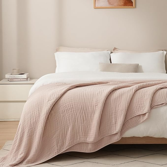 PHF Cooling Muslin Blanket Queen Size 90"x80", 6-Layer Lightweight Gauze Blanket Made from 35% Rayon Derived from Bamboo & 65% Cotton, Breathable & Ultra Soft Cozy, Aesthetic Home Decor, Cameo Rose