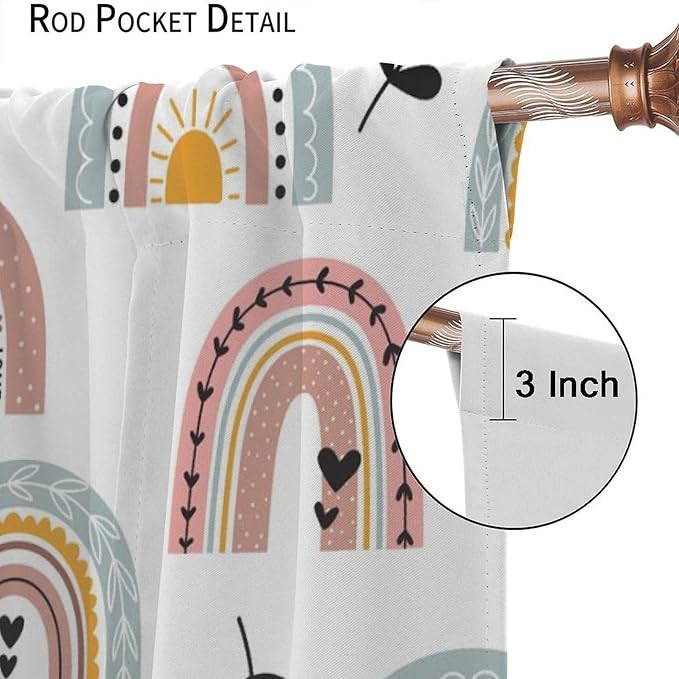 Kids Rainbow Curtains Boho Cartoon Colorful Stars Love Heart Lovely Abstract Art Pattern Print Window Drapes for Girl Bedroom Living Room Kitchen Decor,2 Panel Set,42Wx45H Inch Decor