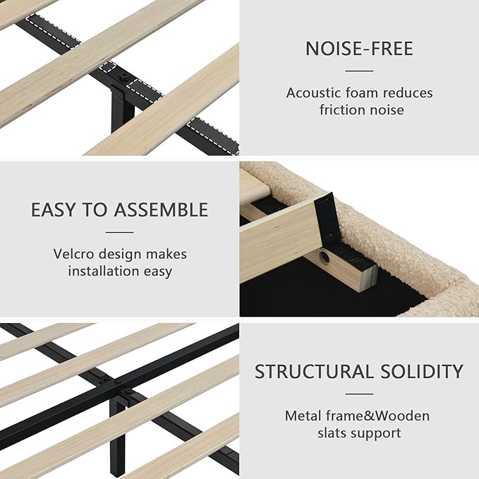 Full Bed Frames,Breathable Boucle Fabric Upholstered Bed Frame with Headboard,Removable and Washable,Wood Slat Support,No Box Spring Needed,Easy Assembly,Beige